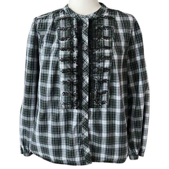 J.Crew Blue Green Tartan Plaid Button Down Top Size Large Ruffled Beaded Blouse - Picture 2 of 14